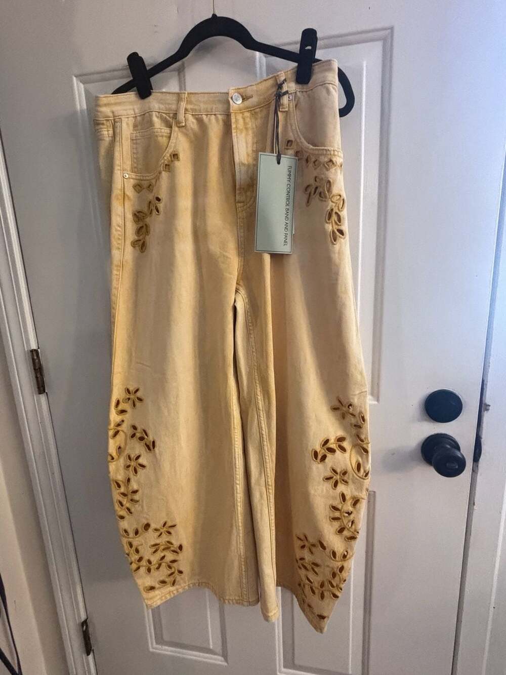 Saige Yellow Mineral Wash Embroidered Tummy Control Barrel Jeans